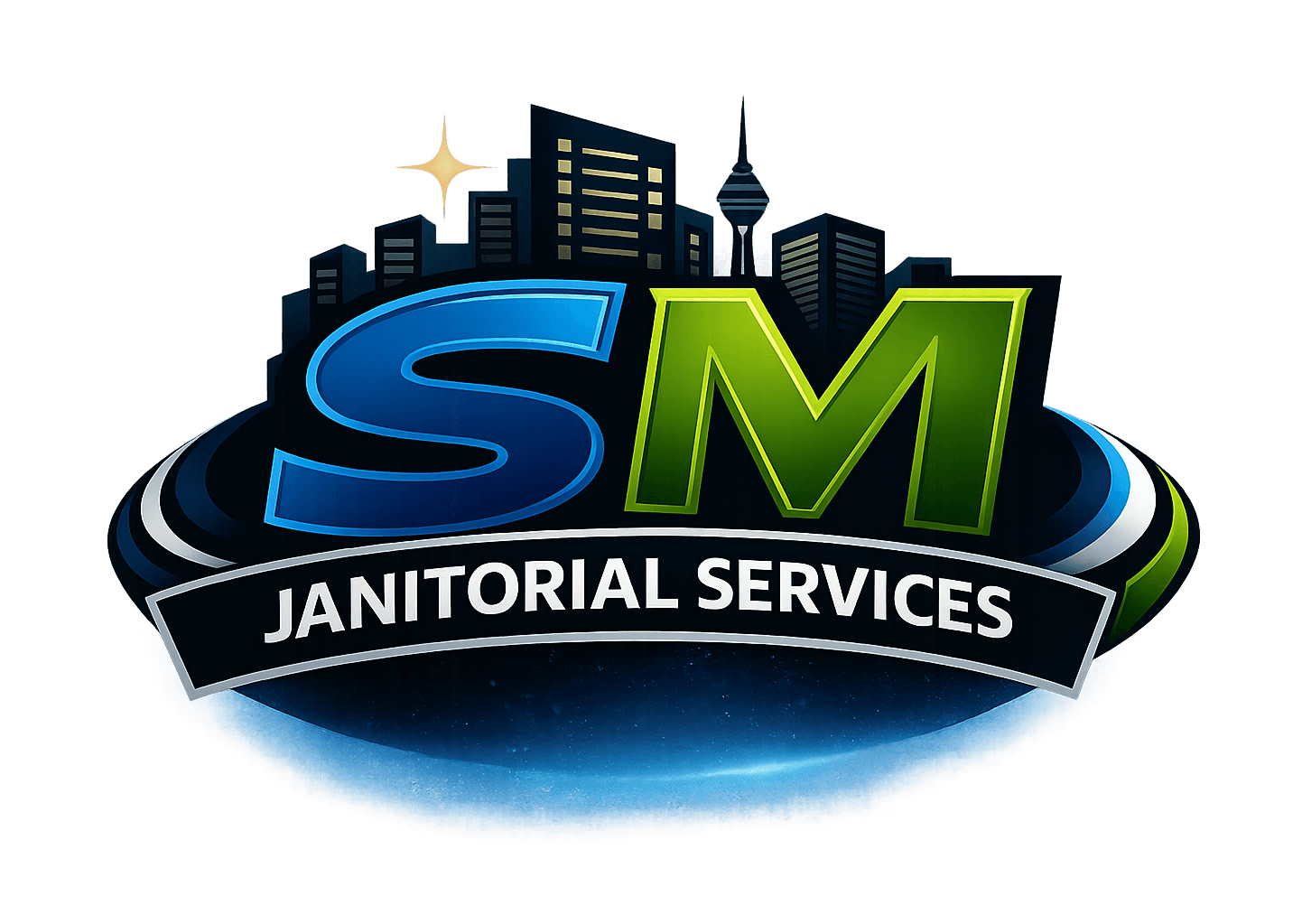 Logotipo de SM Janitorial Services con ilustración del skyline de Las Vegas.